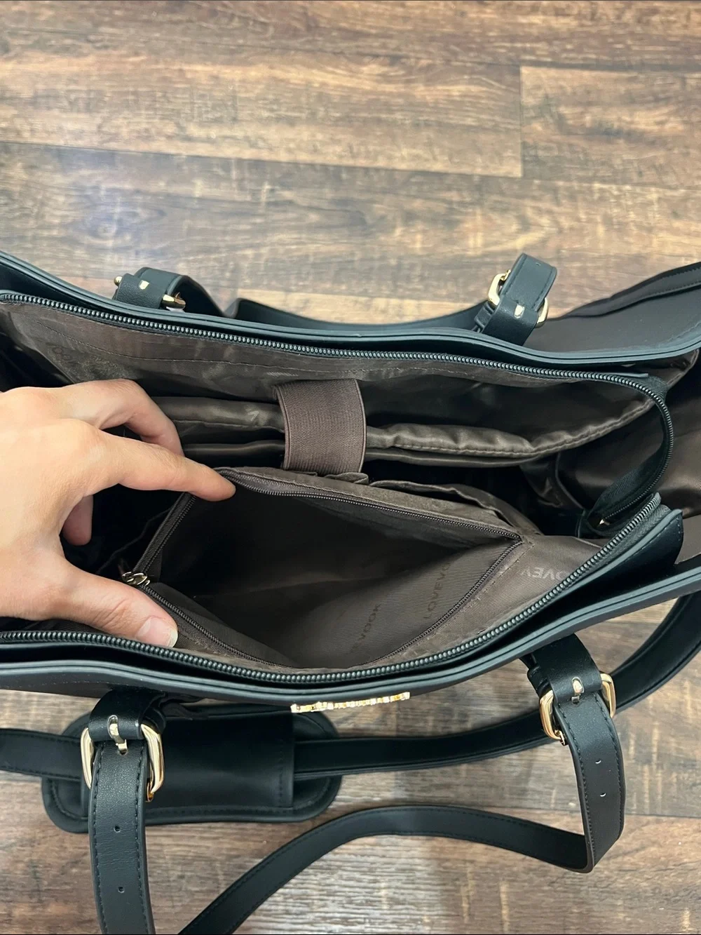 Black Leather Women’s Laptop Bag with Gold Accents